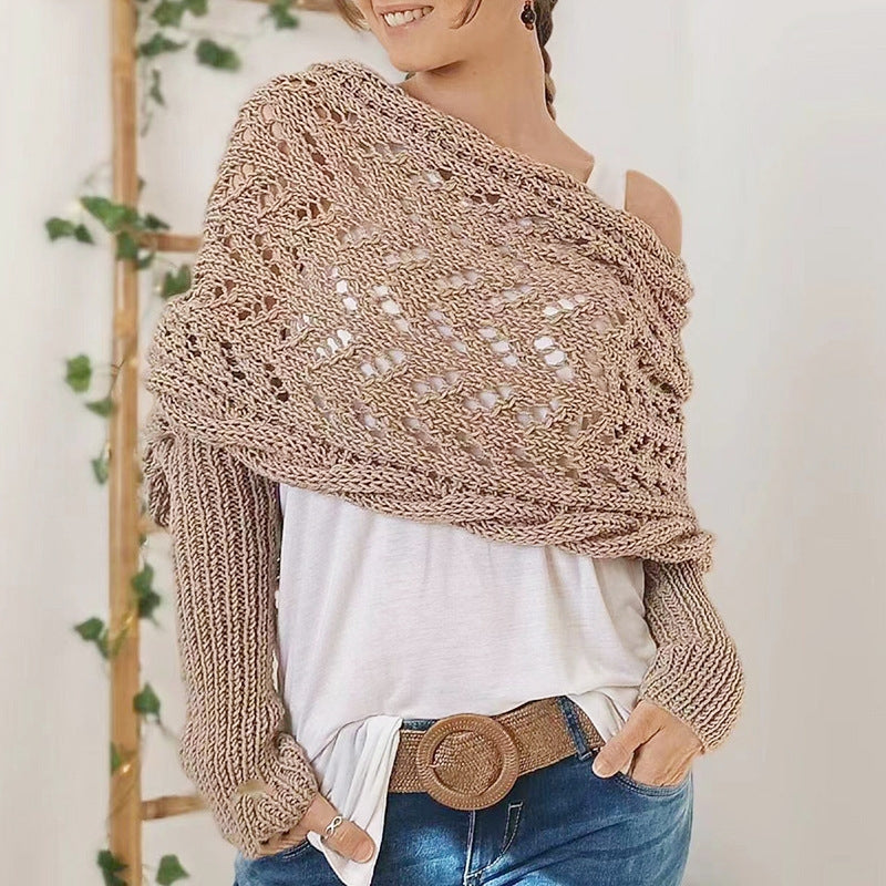 Maribel hand-knitted cream openwork scarf with sleeves, hypoallergenic acrylic yarn, one size
