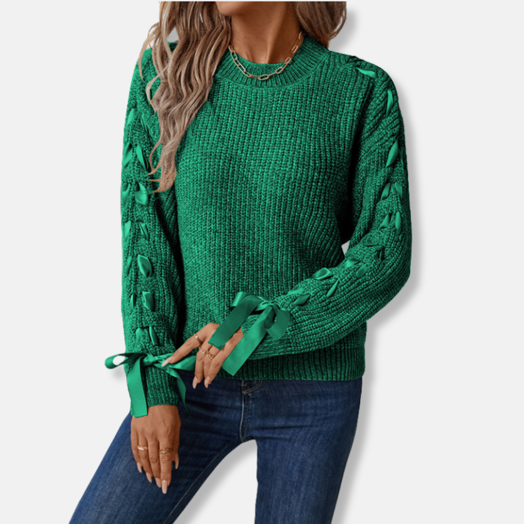 Women's relaxed fit crew neck pullover sweater in soft knit with unique lace-up sleeve detail