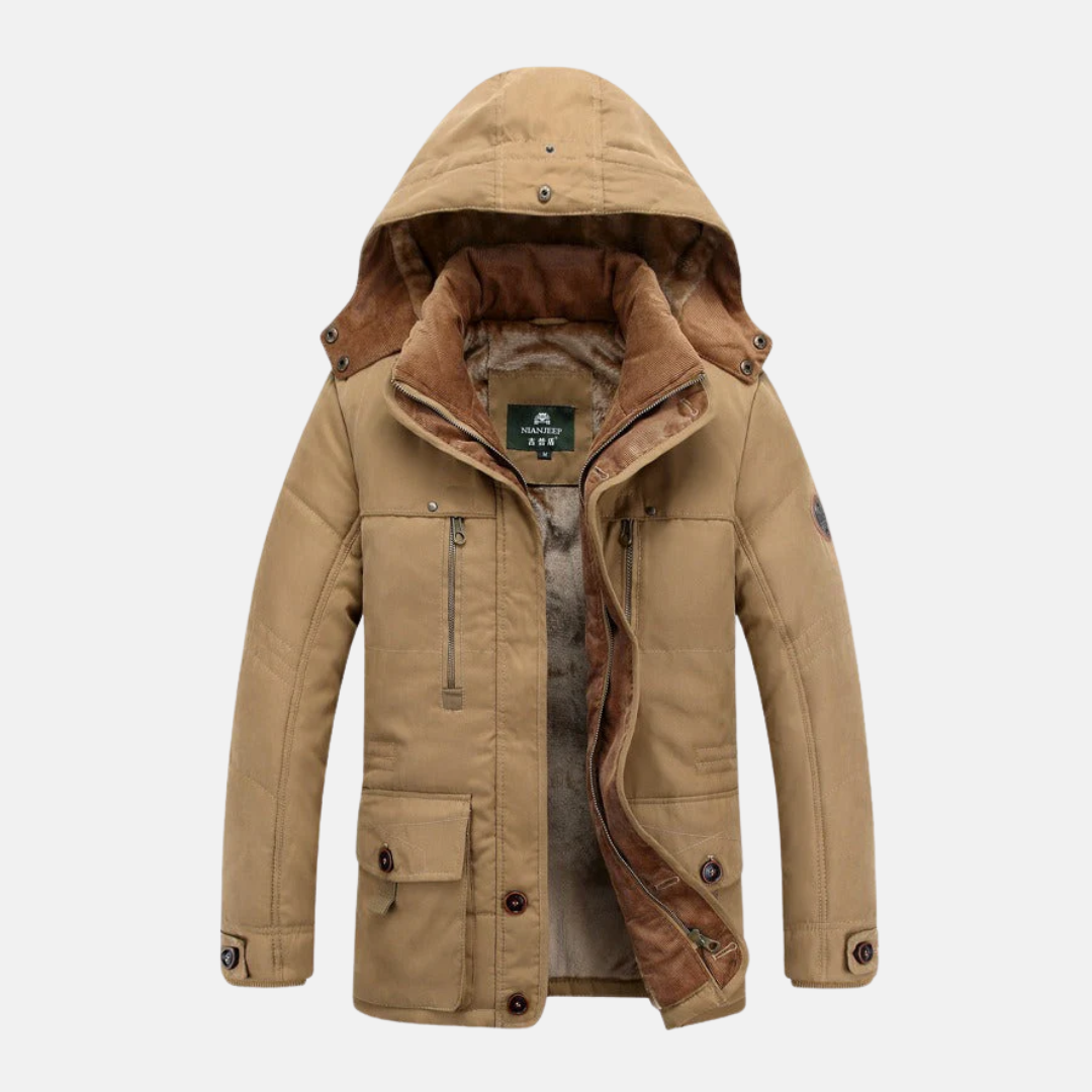 Men's navy insulated padded hooded mid-length jacket with multiple pockets by Wavlynn