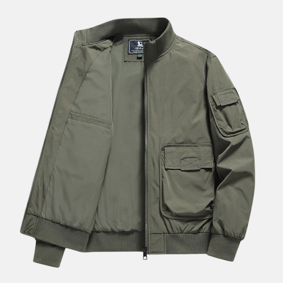 Men's navy bomber jacket relaxed fit full zip wind-resistant with patch pockets lightweight layer