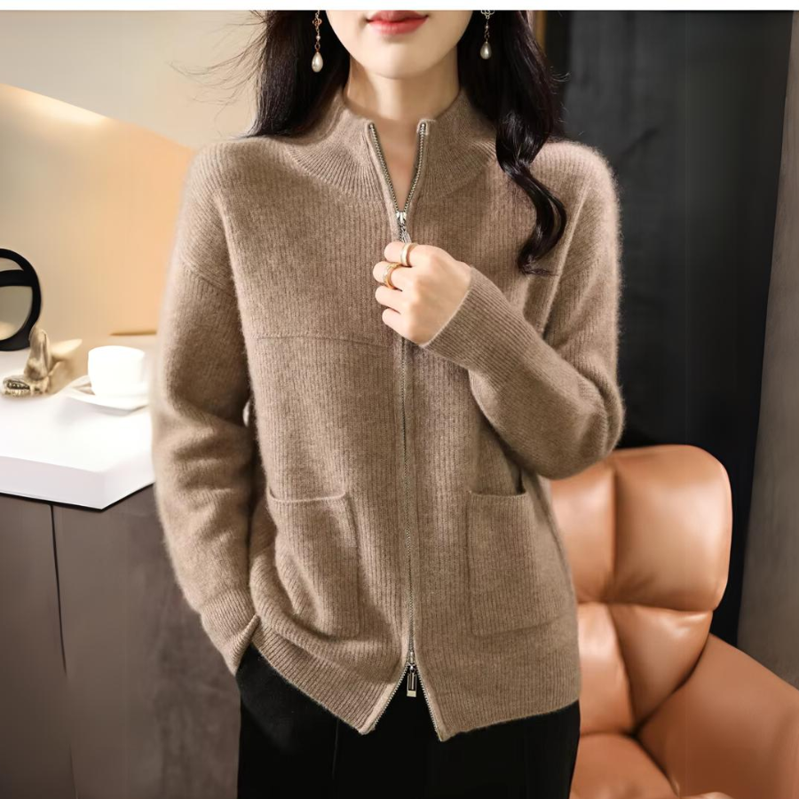 Catherine merino wool zip-up sweater relaxed fit high neckline superior insulation soft knit pullover