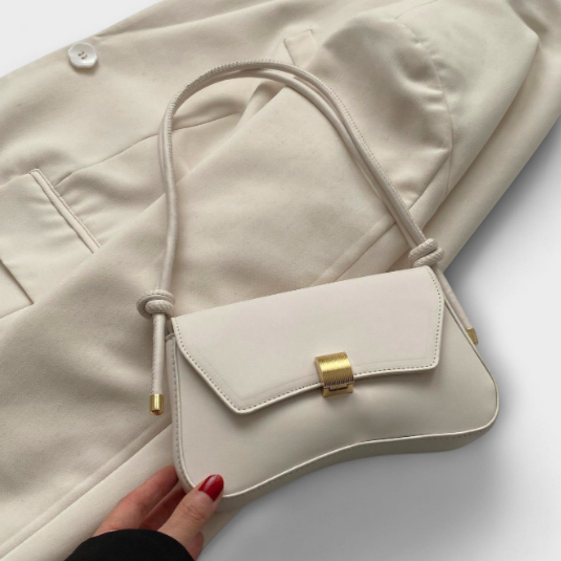 Elida minimalist shoulder bag in neutral tone with sleek structured silhouette and gold-tone hardware