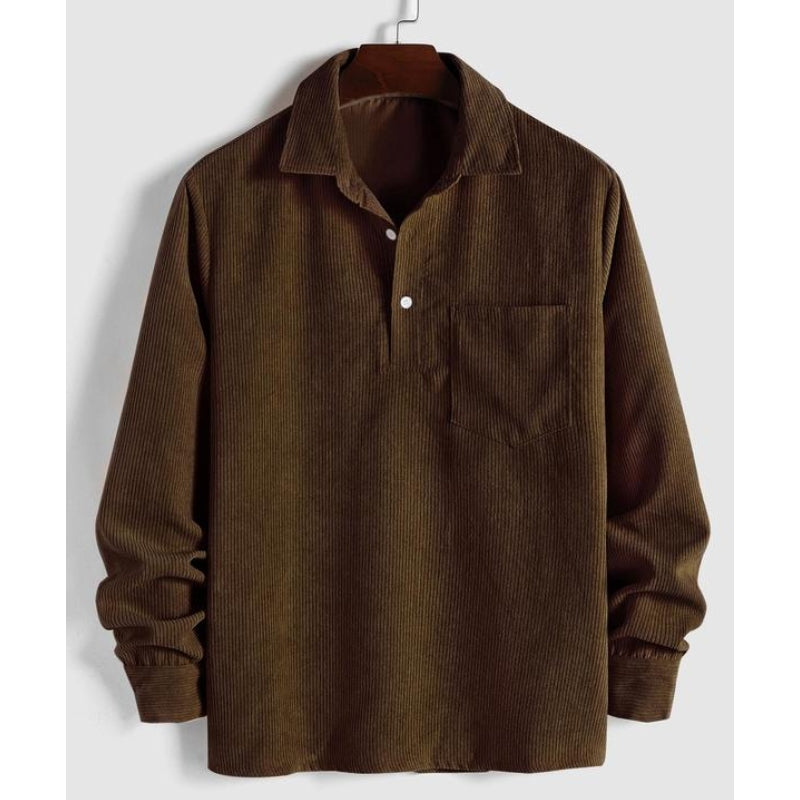 Men's brown corduroy button-up shirt relaxed fit with reinforced stitching and pre-washed finish