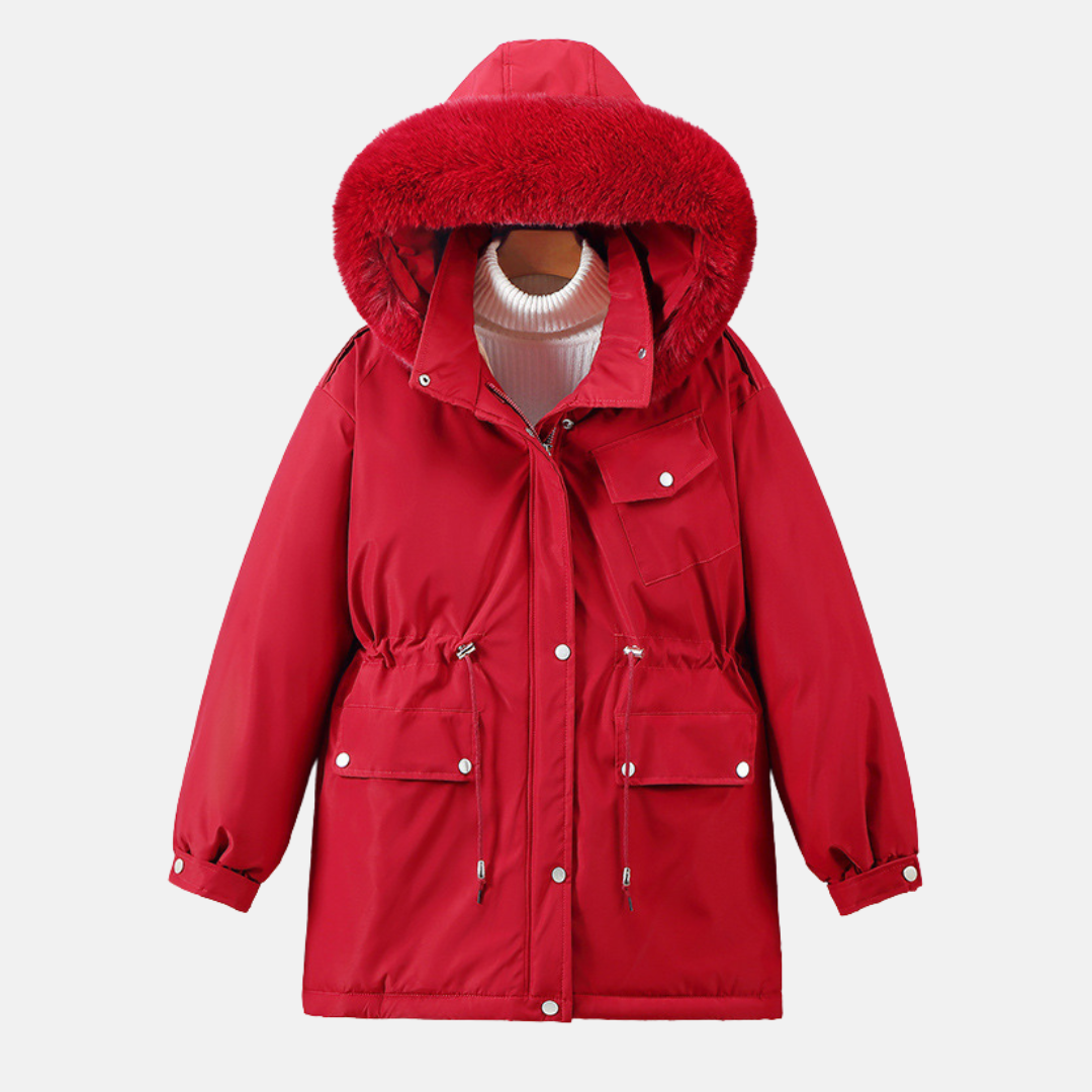 Women's mid-length weather-resistant parka jacket with faux fur hood in versatile cold-weather style