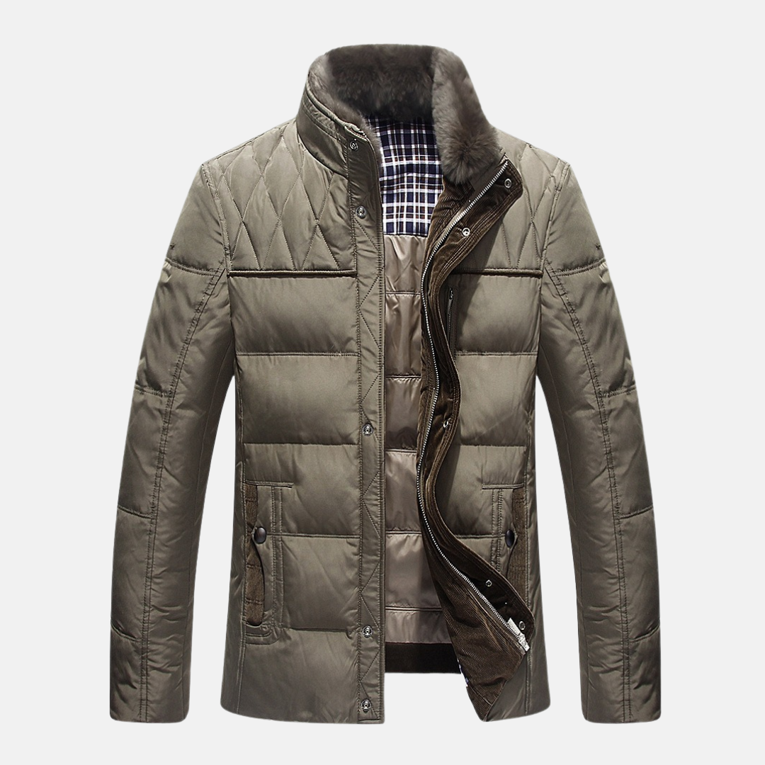 Men's black quilted jacket regular fit hip-length plush fur lined stand collar winter outerwear