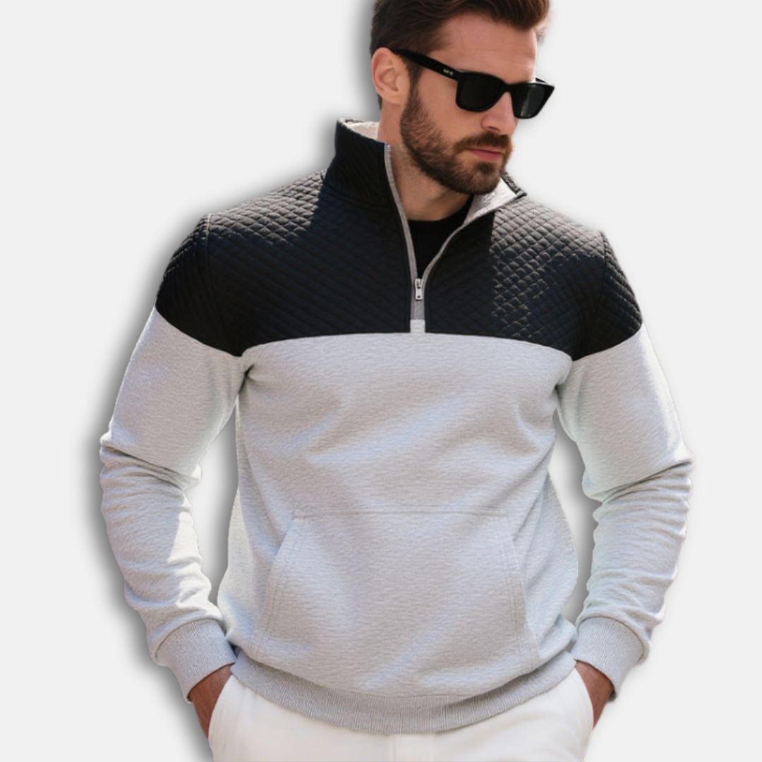 Men's gray cotton blend half-zip sweatshirt with stand collar and quilted diamond pattern