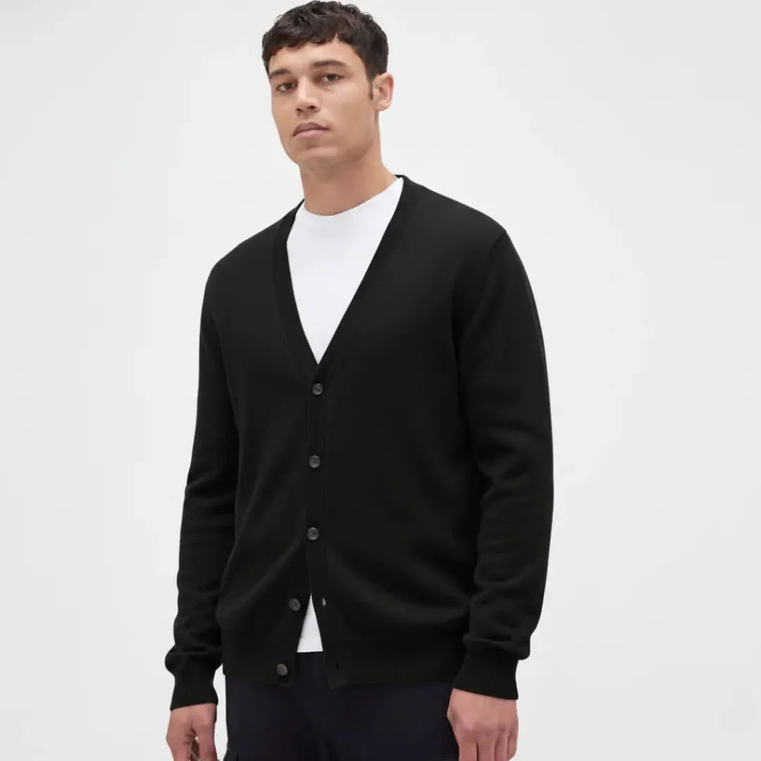 Tim Classic Cashmere Cardigan neutral V-neck button-up with ribbed cuffs, premium soft-touch fabric
