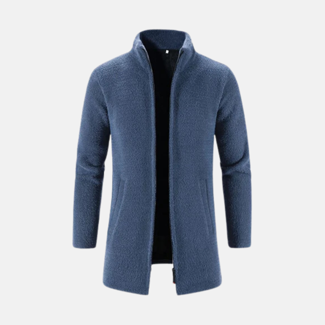 Men's charcoal wool overcoat mid-thigh length smart casual cut with stand-up collar
