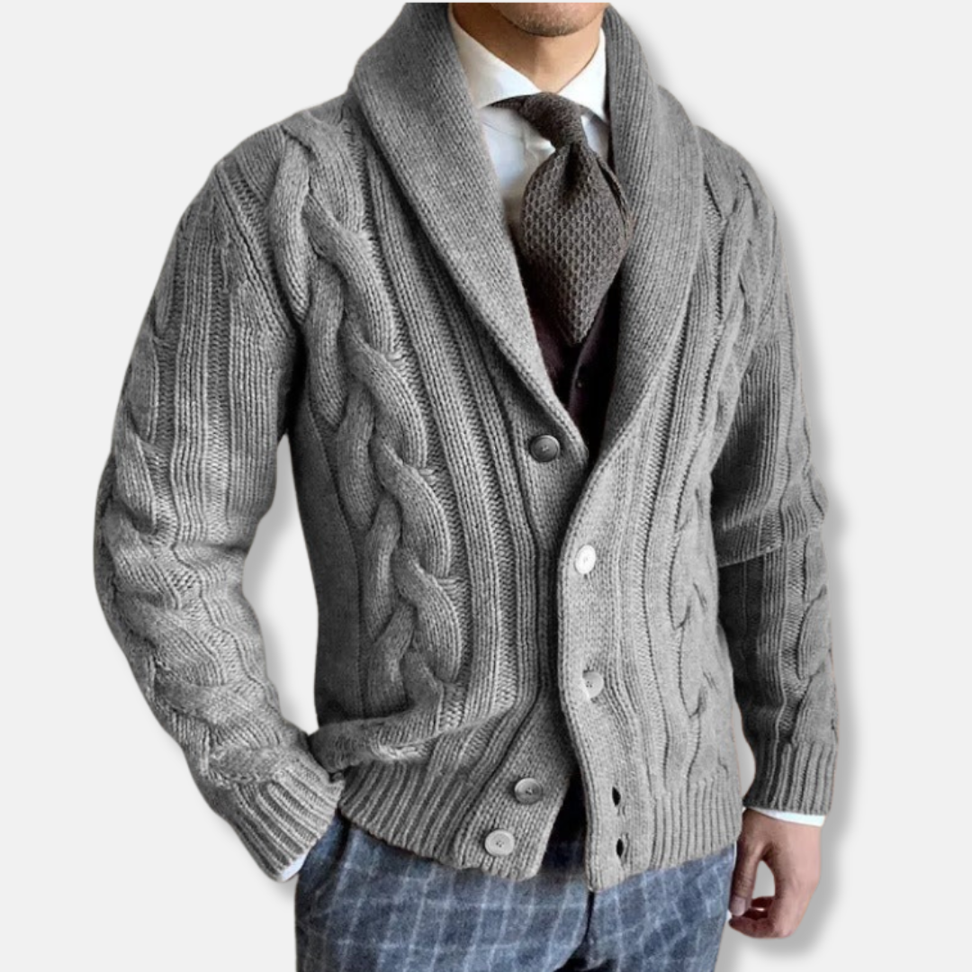 Men's cable knit cardigan shawl lapel regular fit wool-feel long sleeve sweater warm layer