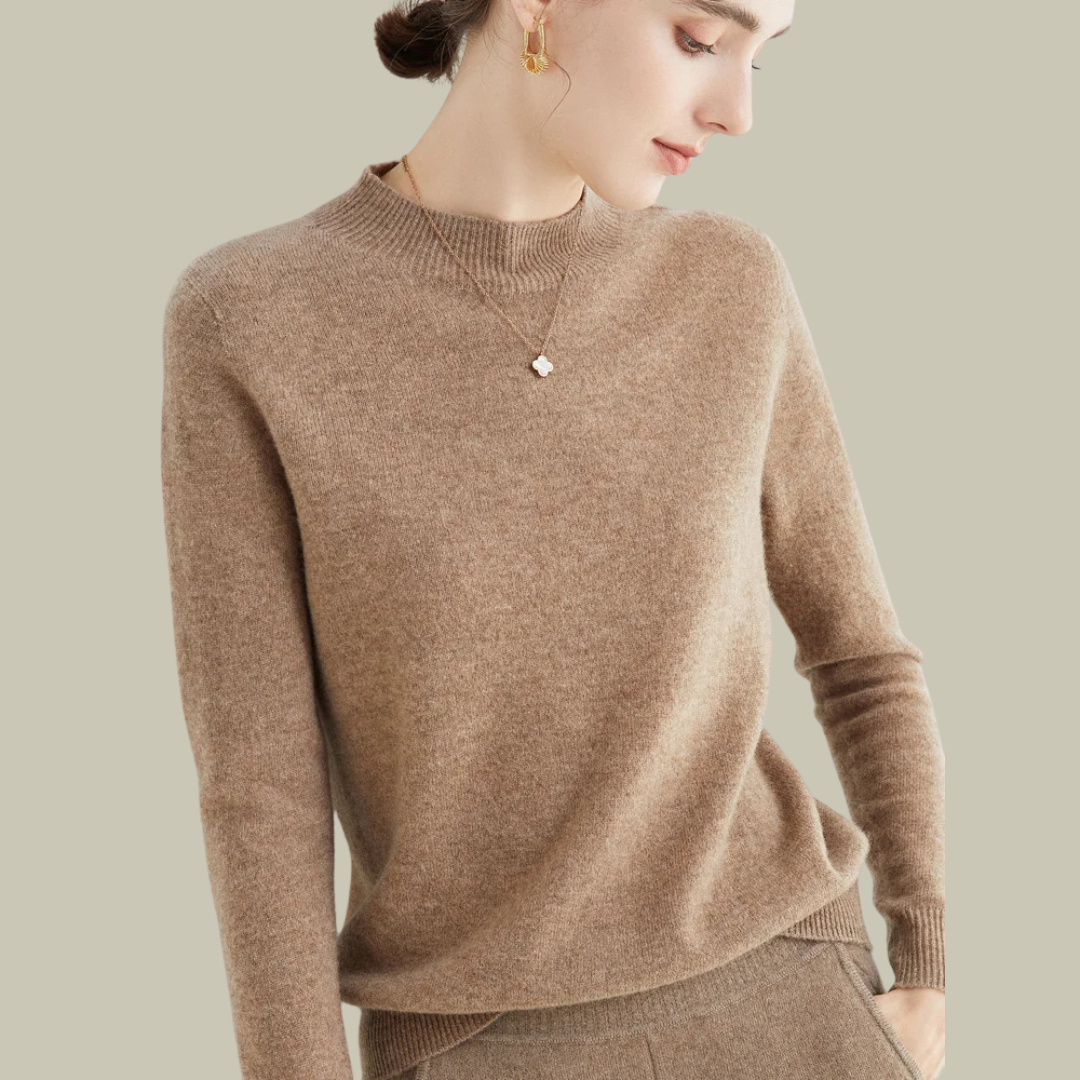 Ivory slim fit merino wool high neck sweater with ribbed collar, lightweight and itch-free everyday essential