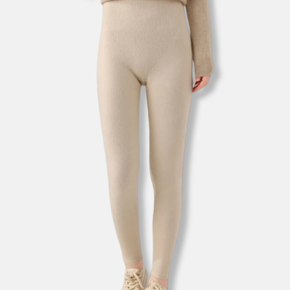 Women's slim fit full-length knit stretch leggings with ribbed waistband for secure fit