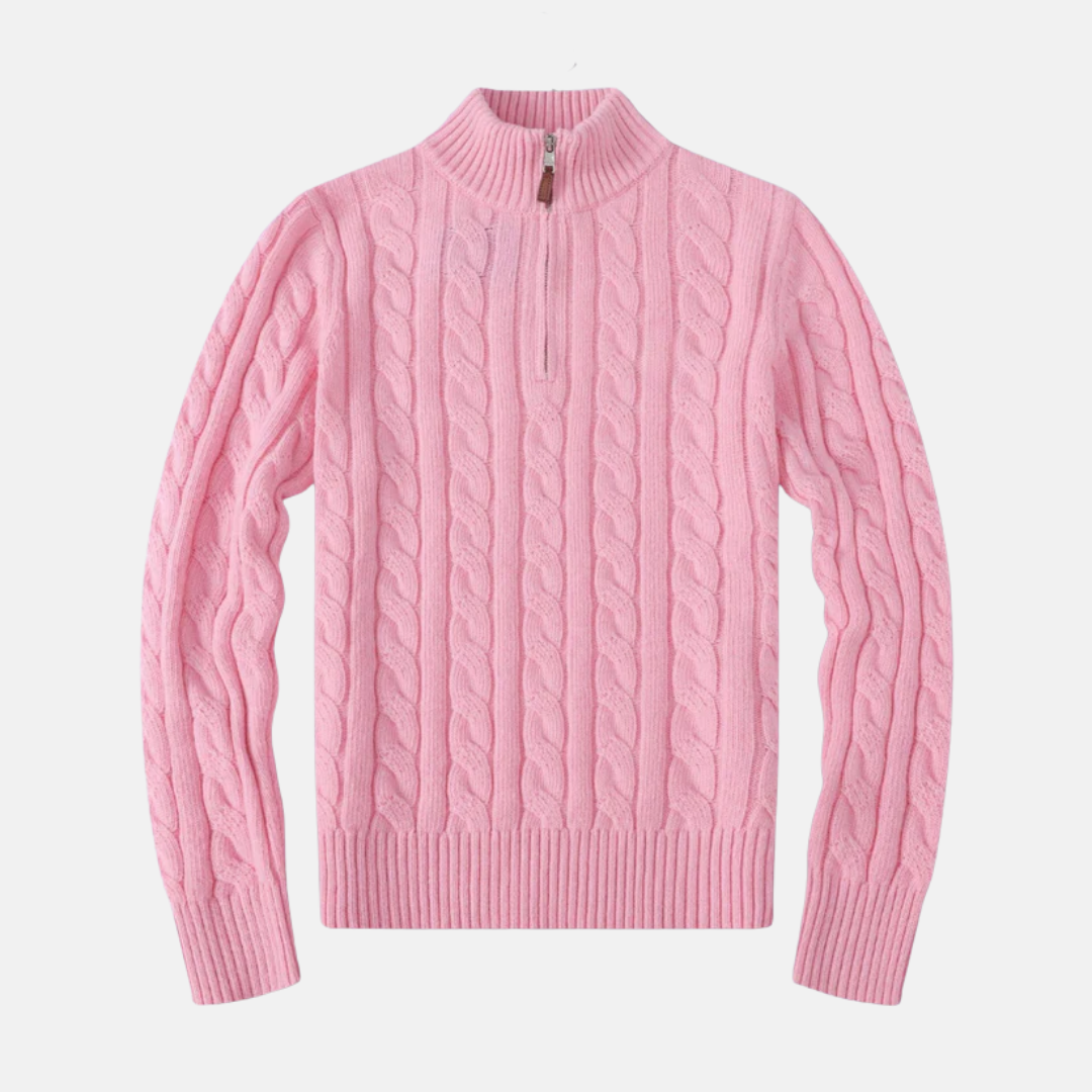 Men's cream cable knit cotton blend half-zip sweater with stand-up collar regular fit