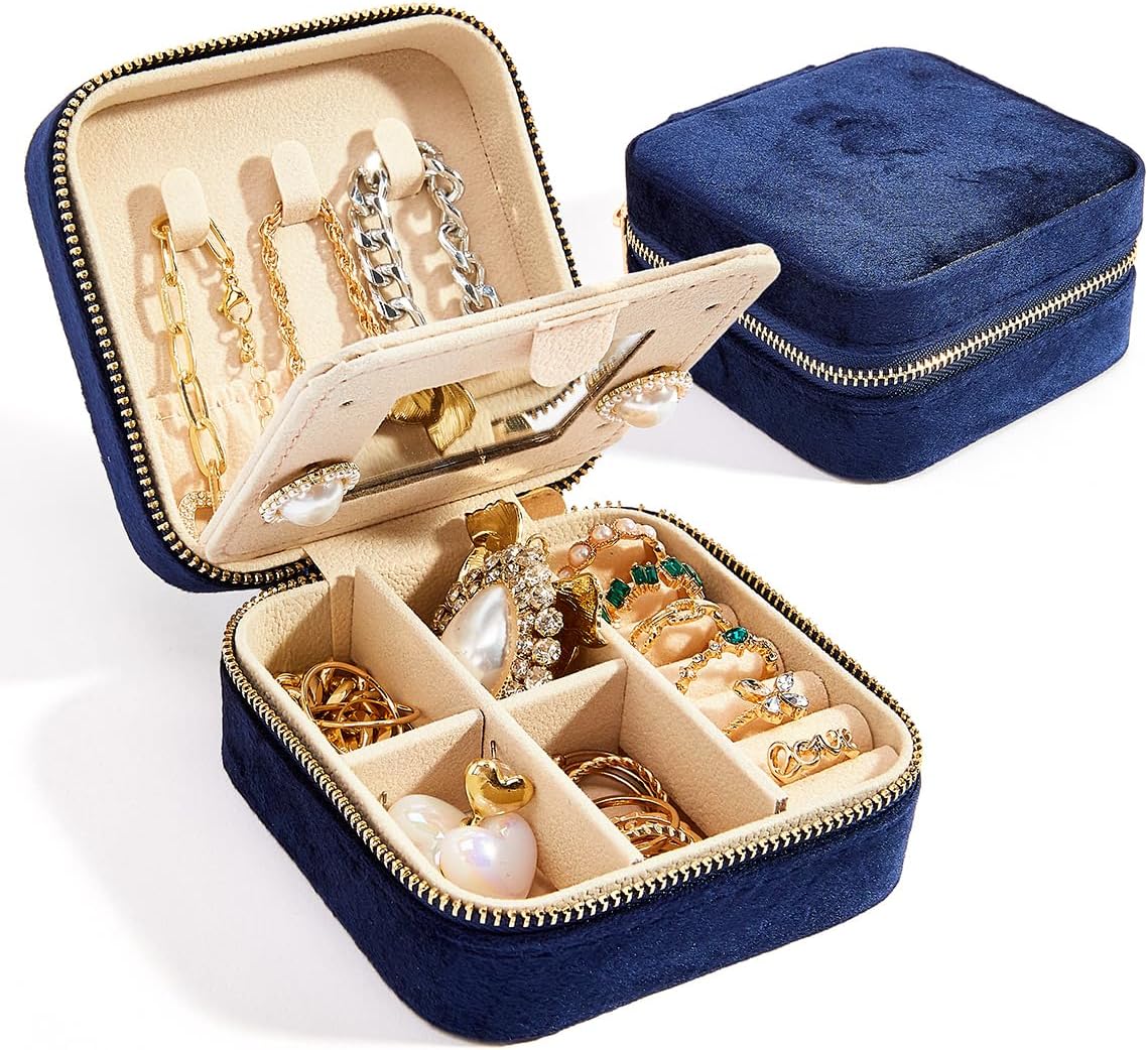 Rivelle velvet-lined jewelry box with secure zipper, compact travel-friendly design for rings and earrings