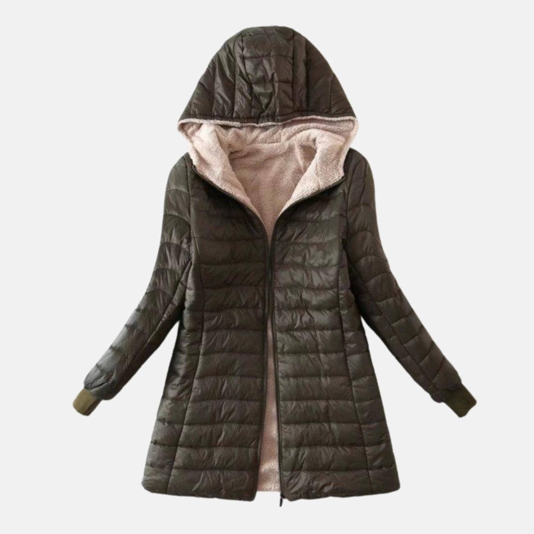 Women's hooded mid-length puffer coat with quilted exterior, plush lining, and sleek grid-stitch pattern