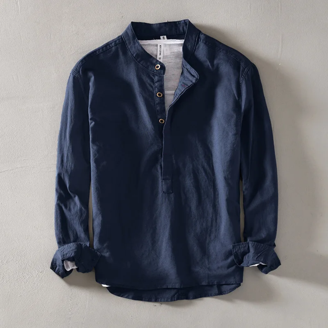 Men's white premium linen shirt relaxed fit with mandarin collar, breathable lightweight fabric
