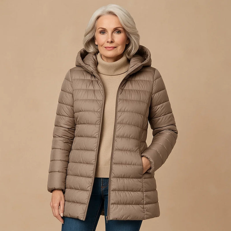Olivia lightweight down jacket in neutral tone, streamlined hooded silhouette with smooth exterior finish