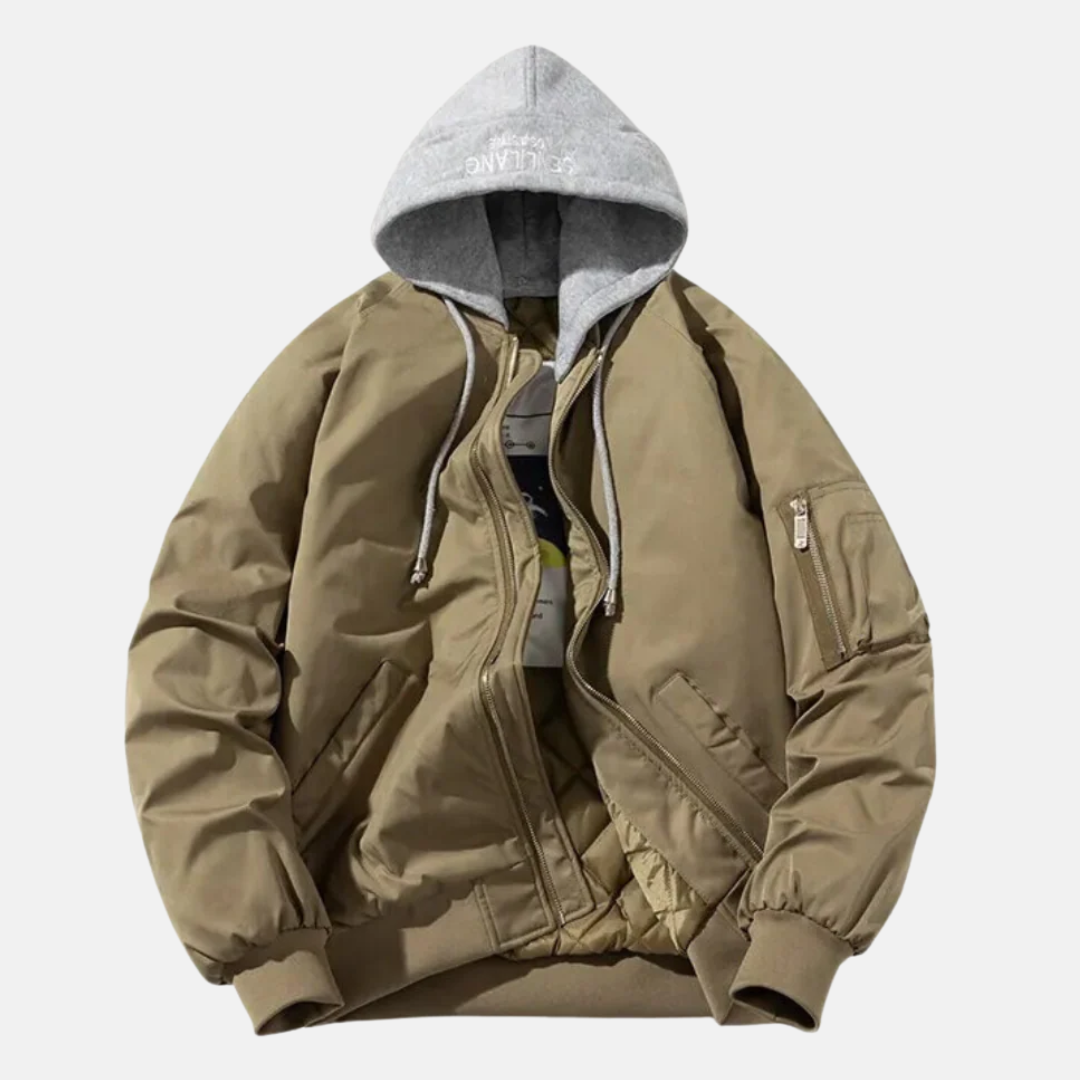 Men's relaxed fit hooded bomber jacket with quilted lining and utility pocket, warm fall winter outerwear