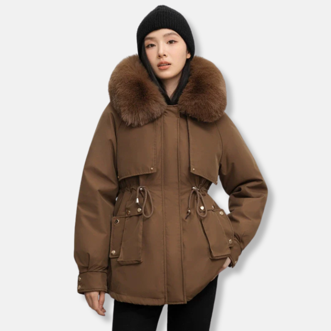 Women's weather-resistant mid-thigh parka with faux fur collar and drawstring waist