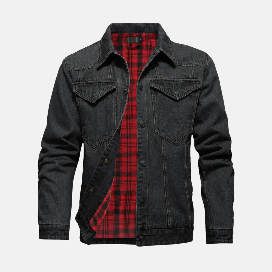 Men's relaxed hip-length blue denim jacket with button front and chest pockets for casual layering