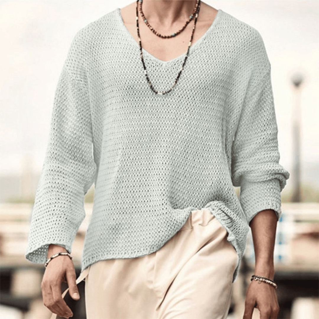 Men's beige relaxed knit sweater deep V-neck breathable textured casual evening wear