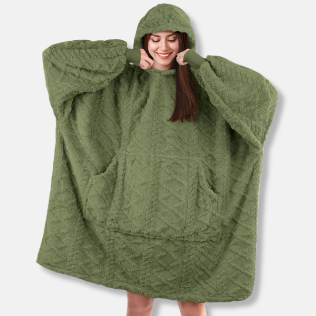 Women's oversized plush knit wearable blanket hoodie in cozy lounge style with kangaroo pocket