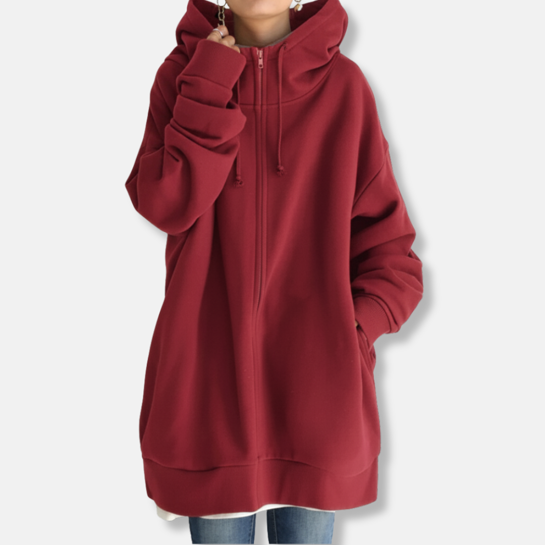 Women's oversized zip-front hoodie in plush fleece, long sleeve casual style with relaxed cozy fit