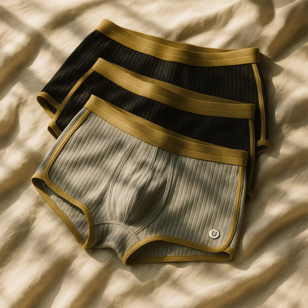 Men's organic rib-knit cotton boxer briefs in neutral tones with contoured pouch and stay-put waistband