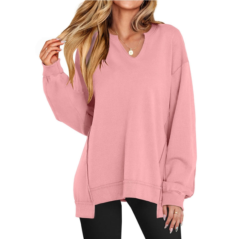 Women's oversized v-neck sweatshirt tunic in cozy long sleeve with relaxed fit and tunic length