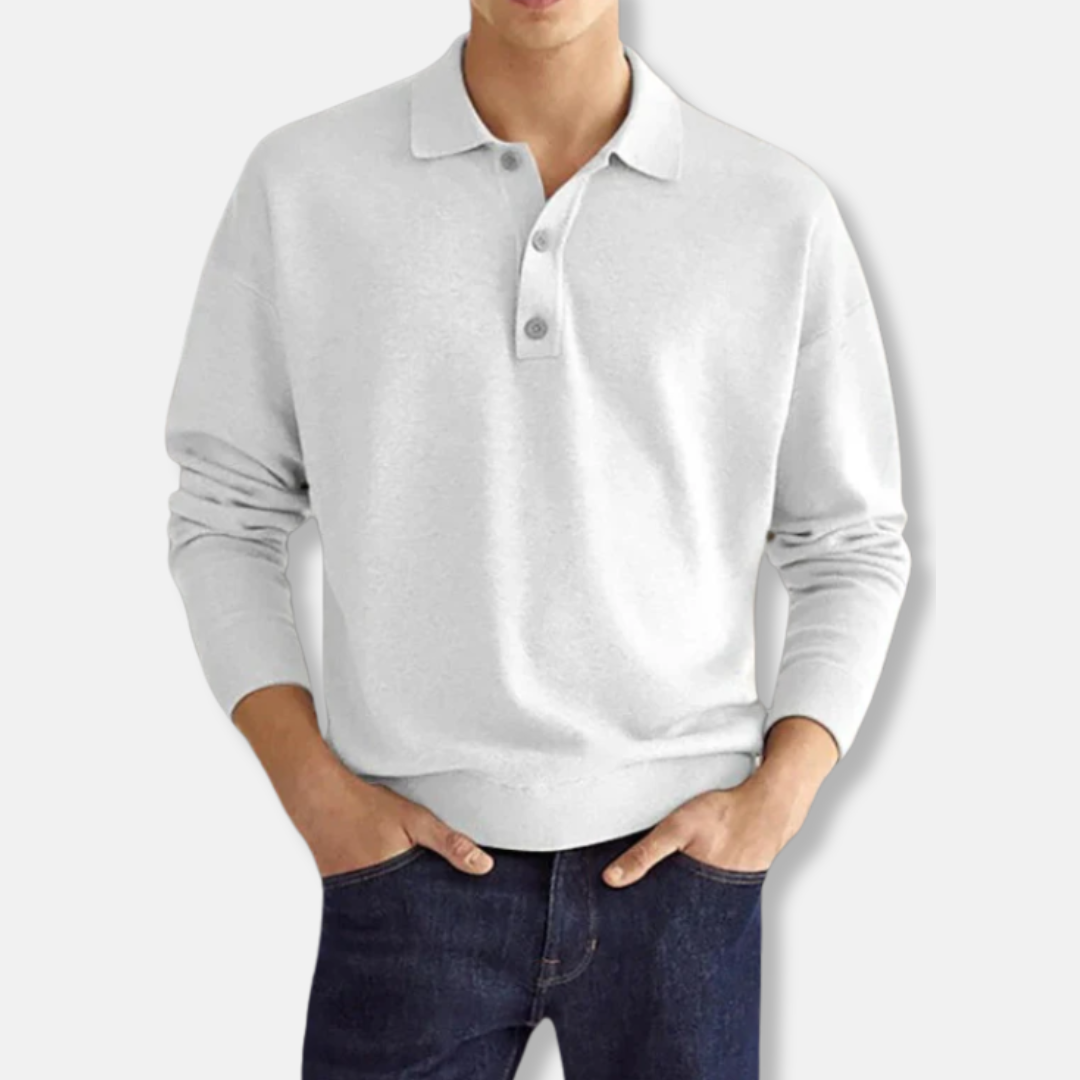 Men's cotton blend polo collar sweater, relaxed fit long sleeve, smart casual style