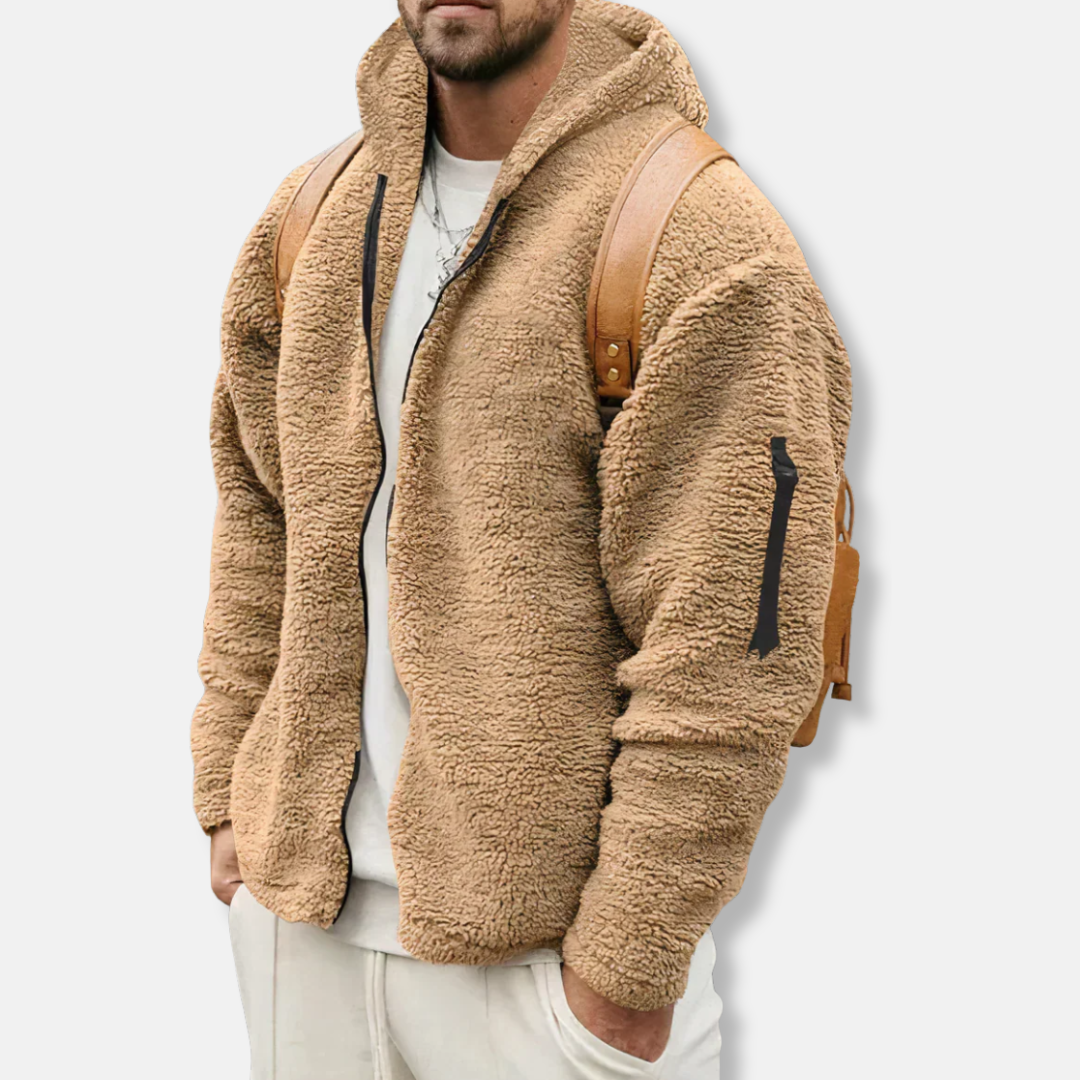 Men's sherpa fleece full-zip hoodie relaxed fit warm casual winter outerwear with plush lining