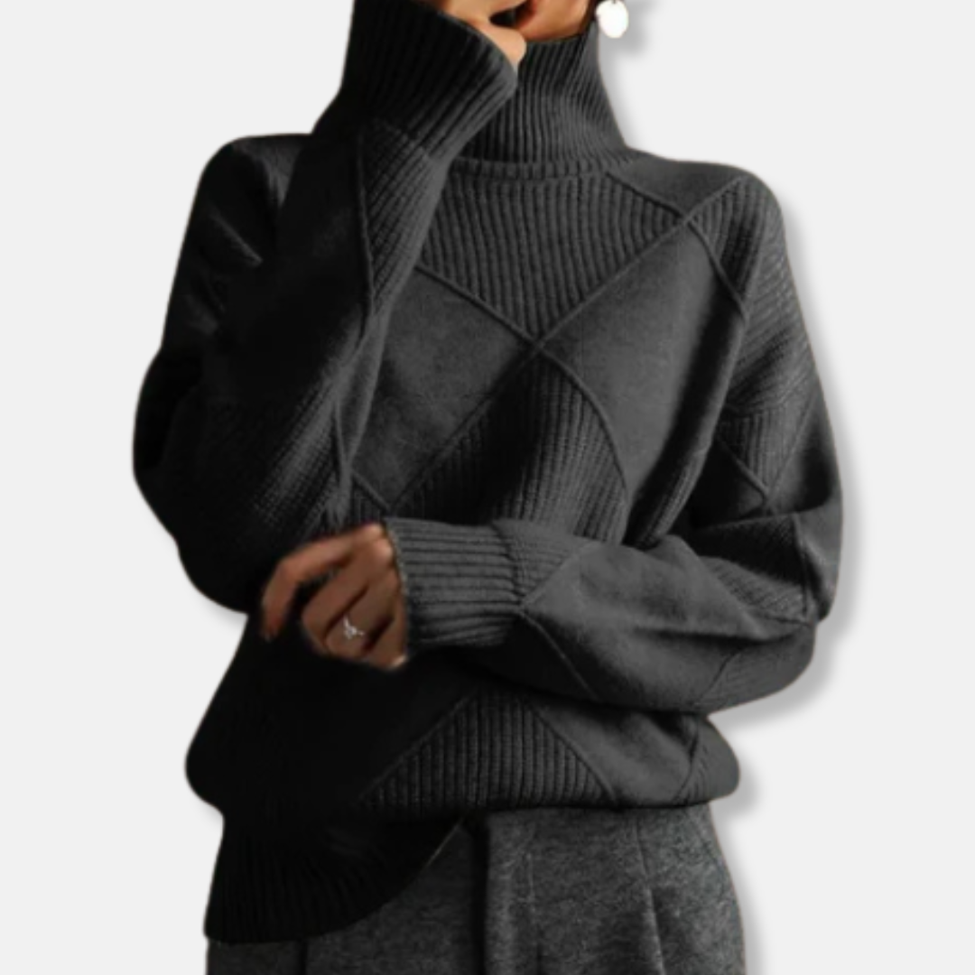 Women's beige relaxed fit turtleneck sweater with elegant ribbed diamond knit texture, hip-length