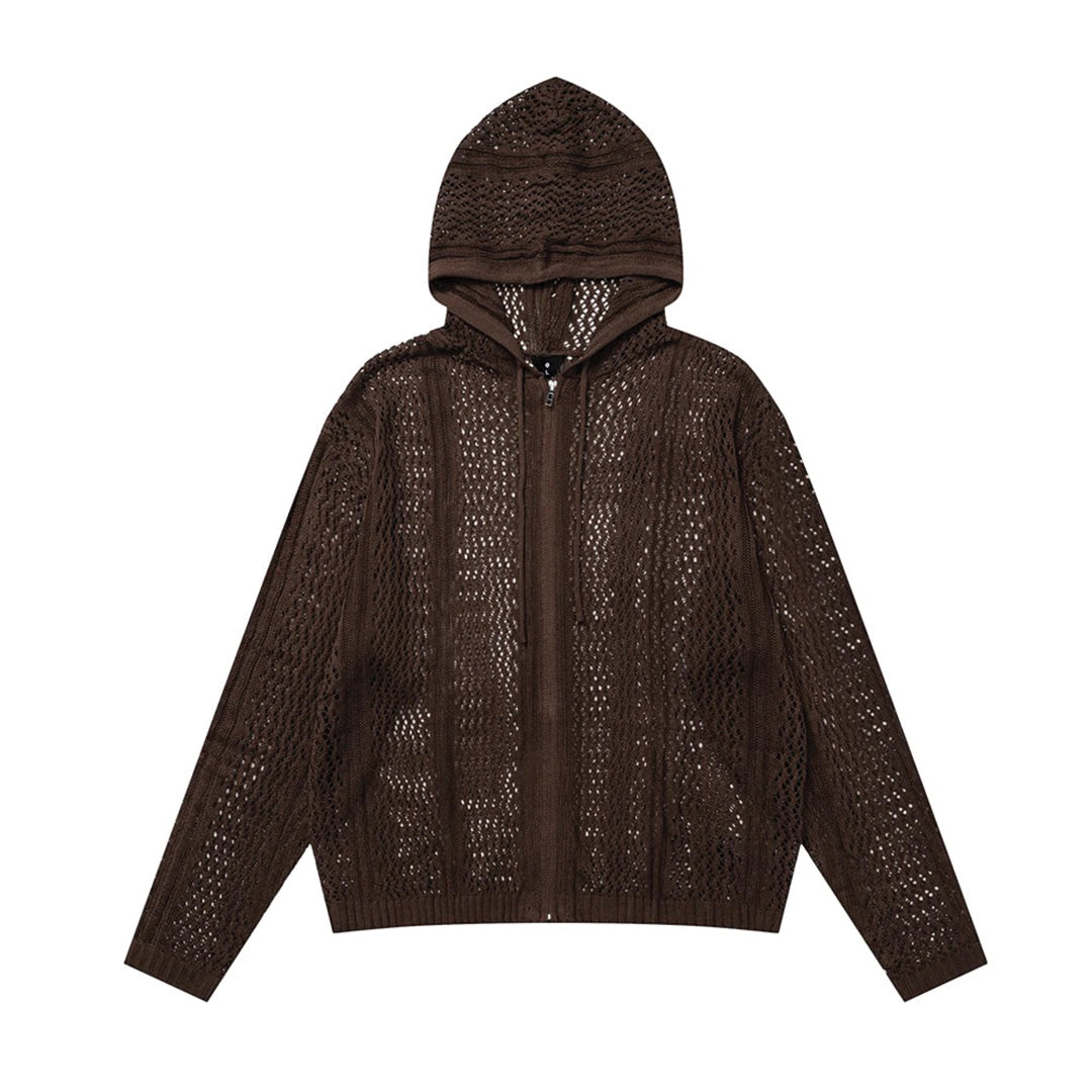 Black open-weave knit hoodie relaxed fit full-zip streetwear layering piece