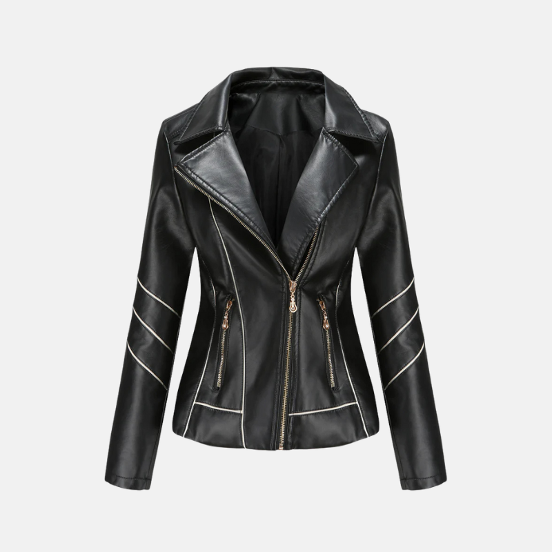 Women's black cropped faux leather moto jacket slim fit asymmetrical zip quilted sleeves