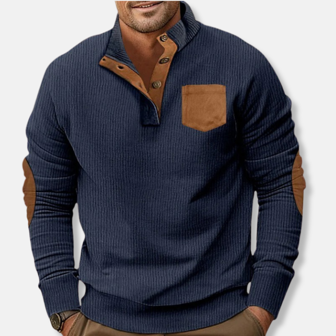 Men's ribbed knit sweatshirt stand collar contrast elbow patches casual pullover