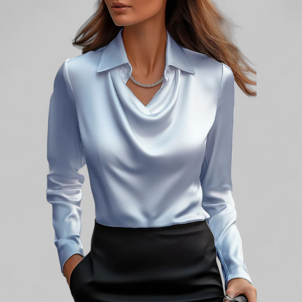 Women's satin blouse draped neckline long sleeve silky top elegant professional wear
