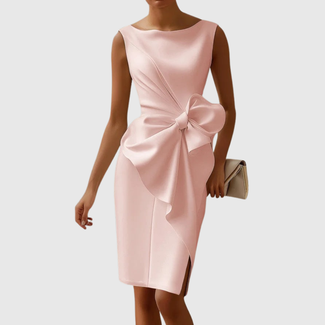 Black sleeveless midi dress with boat neckline, pencil silhouette, and sculptural side bow detail