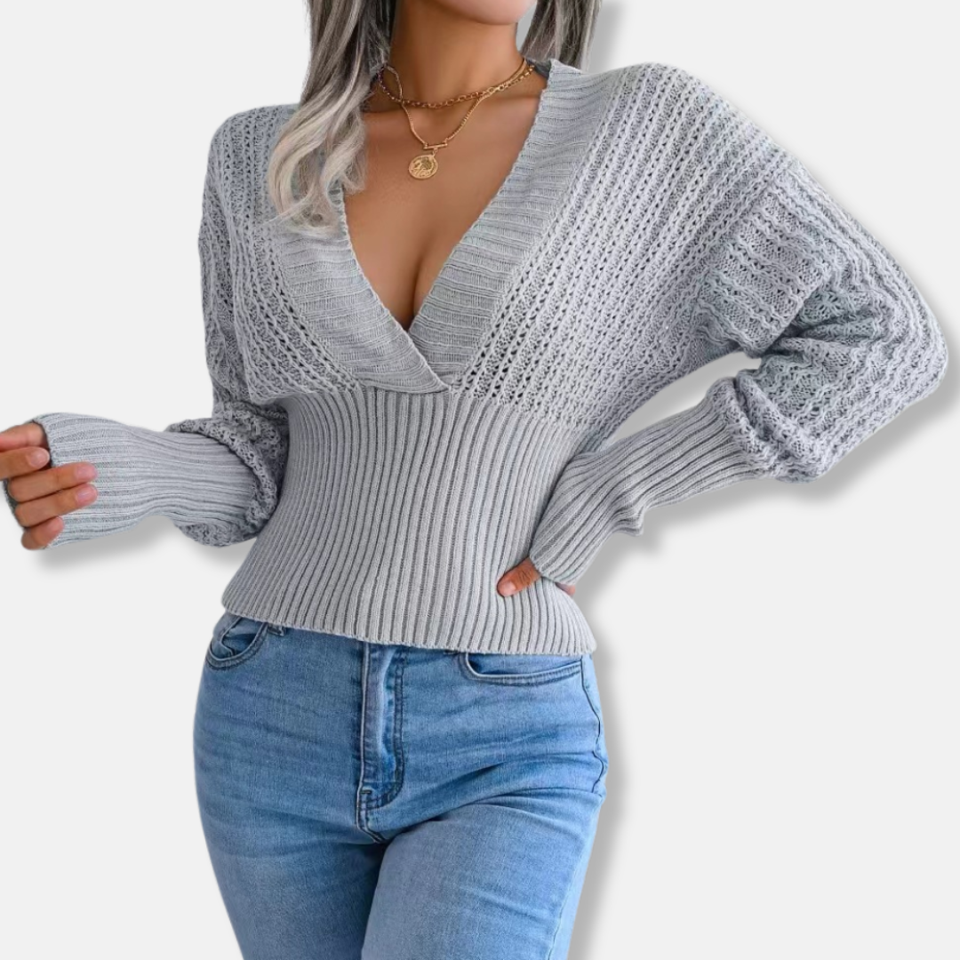 Women's slim fit deep V-neck knitted top with ribbed waist and open knit sleeves