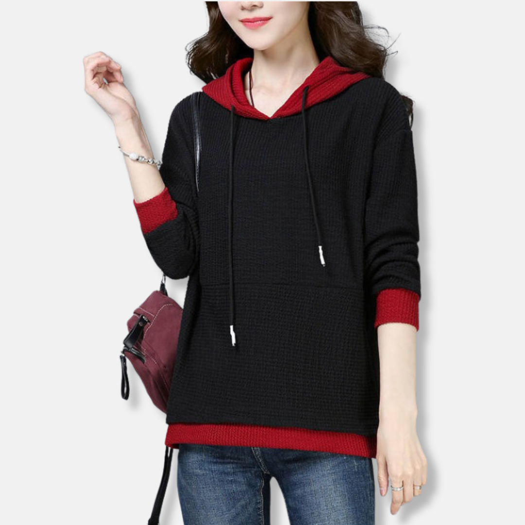 Women's loose fit hooded sweatshirt knit texture tunic length adjustable hood cozy casual