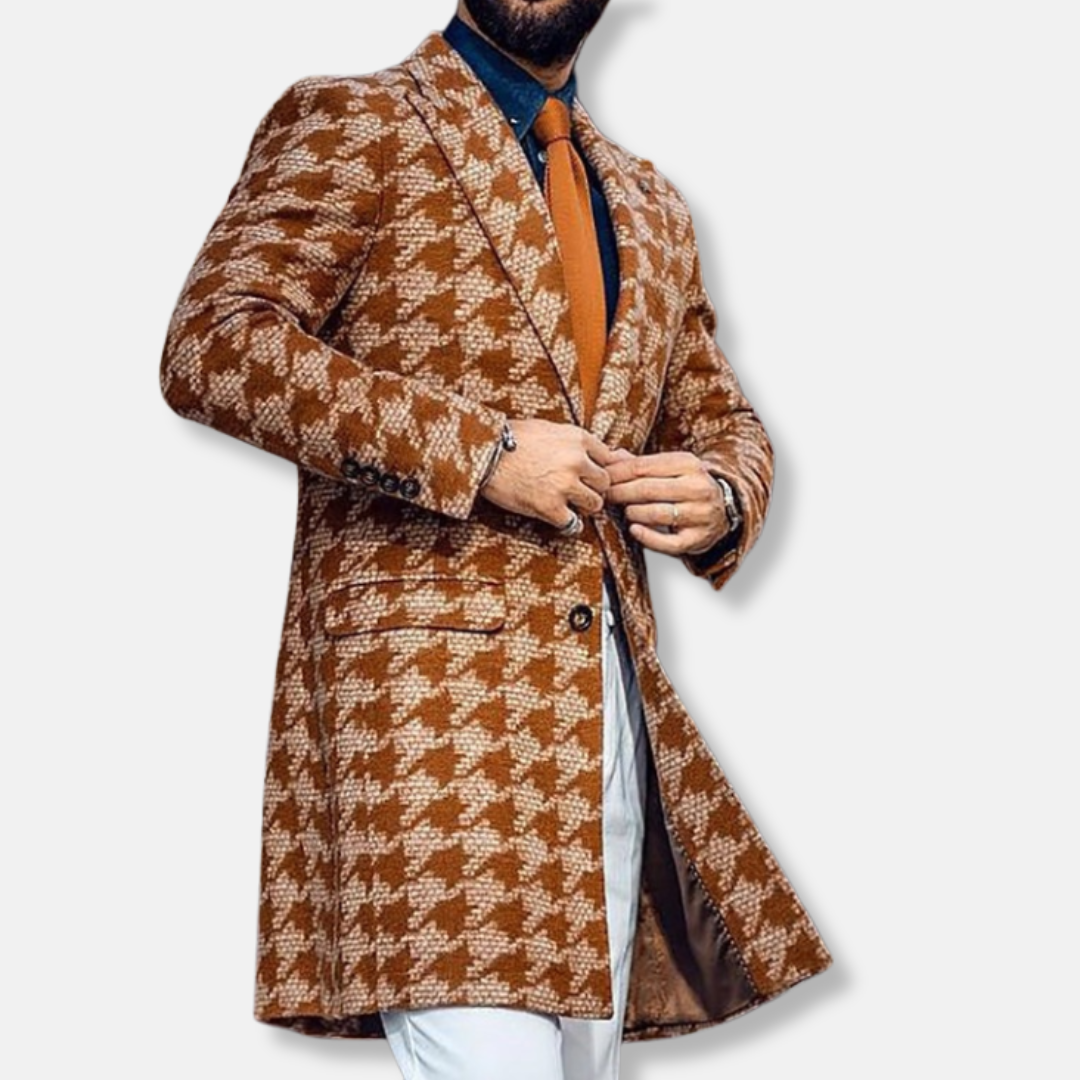 Men's wool blend trench coat geometric pattern tailored fit notch lapel modern professional style