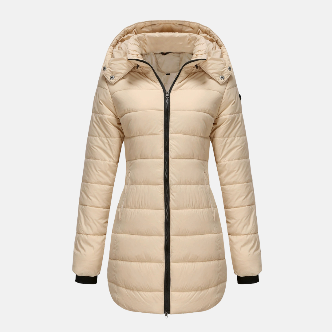 Women's mid-length quilted puffer jacket with detachable hood and ribbed cuffs for cozy warmth