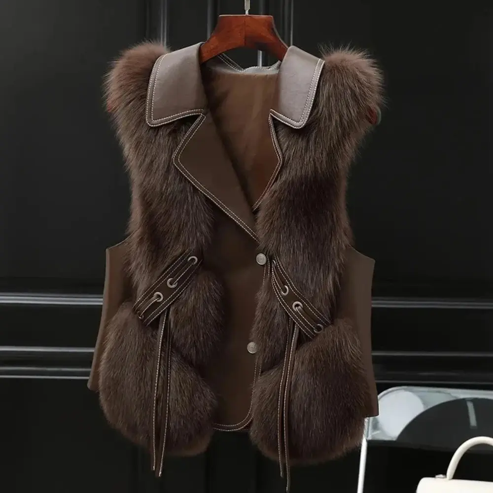 Ivory faux fur-trimmed sleeveless vest with bold oversized lapel and adjustable waist ties