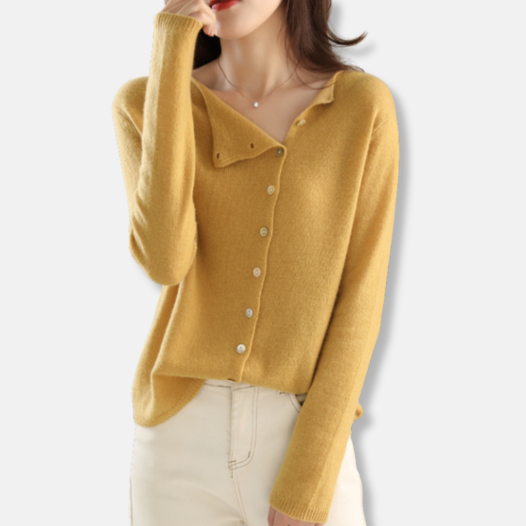 Women's relaxed fit knit cardigan with asymmetrical neckline and ribbed cuffs for sophisticated layering