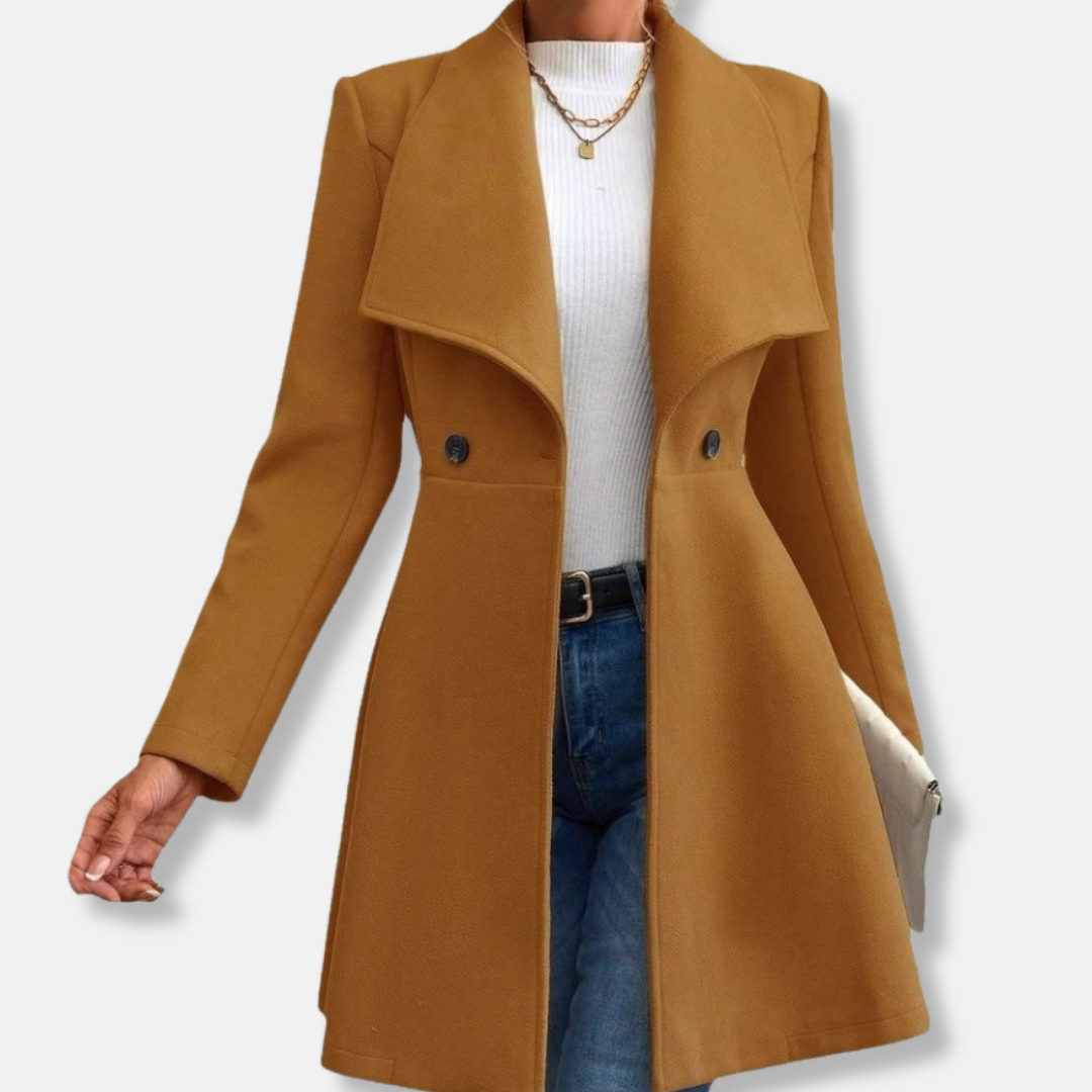 Women's wool-feel tailored mid-thigh coat with chic lapel collar and button-up front closure