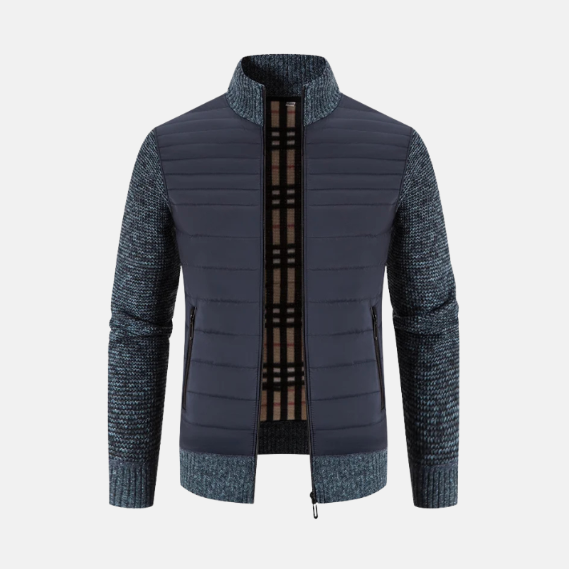 Men's slim fit hybrid padded jacket with quilted torso and ribbed knit sleeves for cold weather
