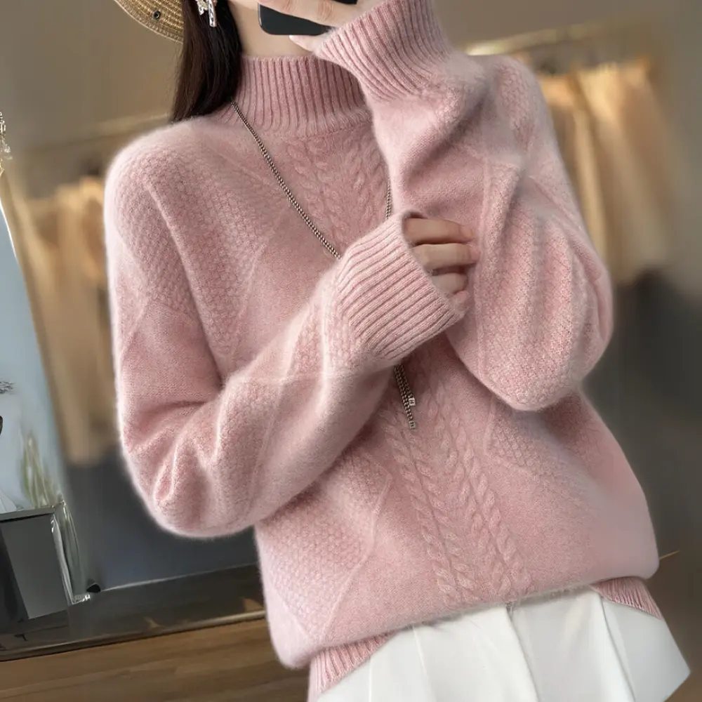Mariah ivory turtleneck sweater premium knit with detailed patchwork texture and slim silhouette