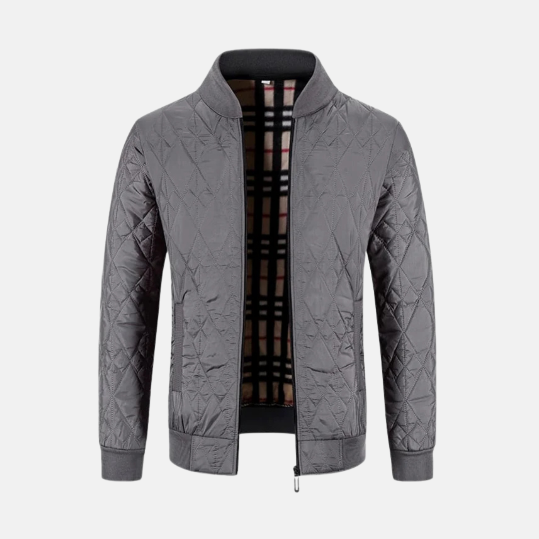 Men's dark bomber jacket diamond quilted woven pattern full zip ribbed collar smart casual fit