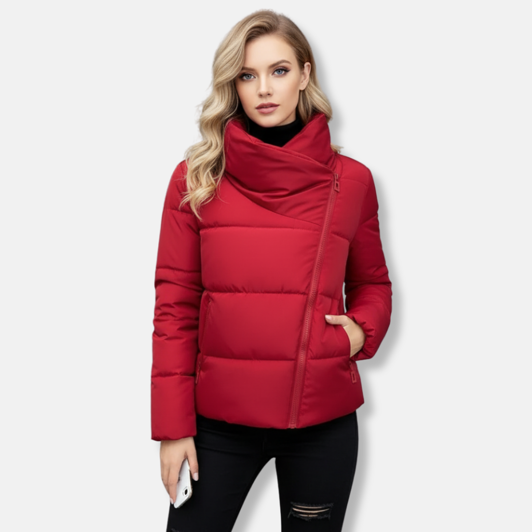 Women's black quilted coat regular fit with funnel neck and asymmetric zip closure padded warmth