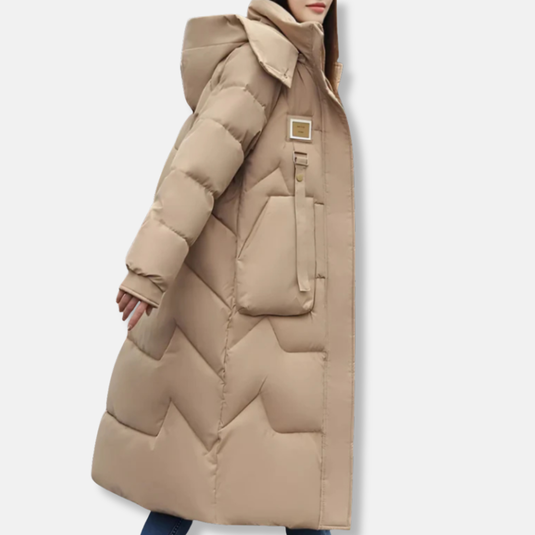 Women's quilted insulated hooded trench coat oversized fit in neutral tone for winter warmth