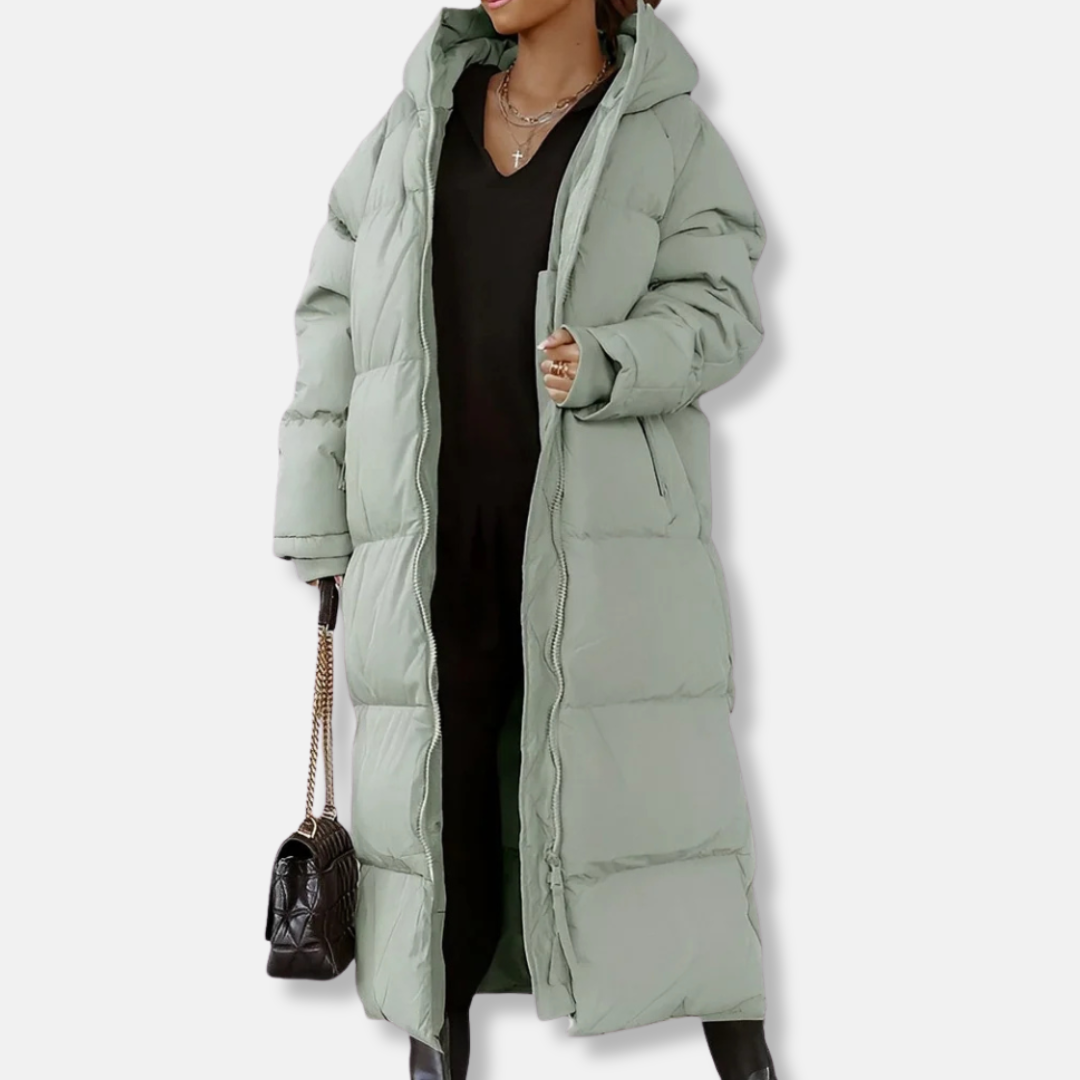 Women's oversized quilted padded long coat with hood, full-zip closure, winter essential