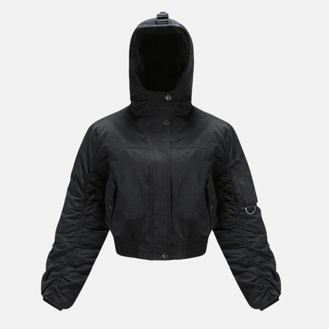 Women's cropped padded coat with hood and ribbed cuffs, modern puffer jacket with sleeve pocket